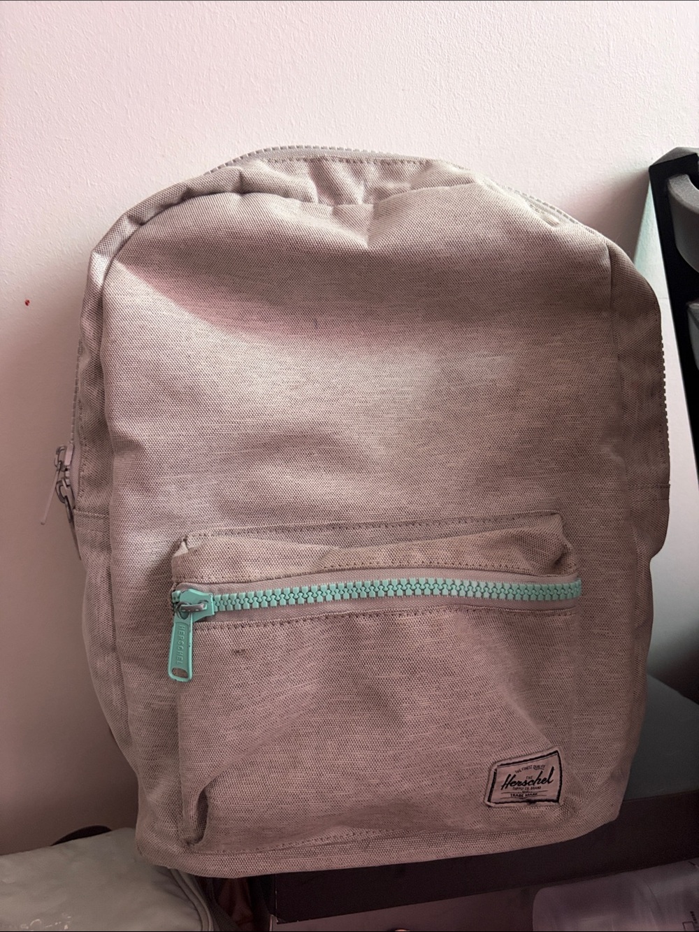 Herschel Backpack in Light Grey with Teal Zipper